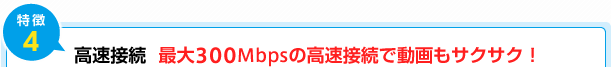 特徴4) 高速接続 最大300Mbpsの高速接続で動画もサクサク!